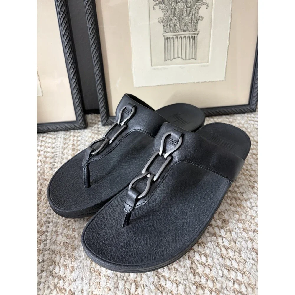 FITFLOP Thong Silver Hardwear Sandals Size 6.5/EU 37.5 US Black - Picture 1 of 6